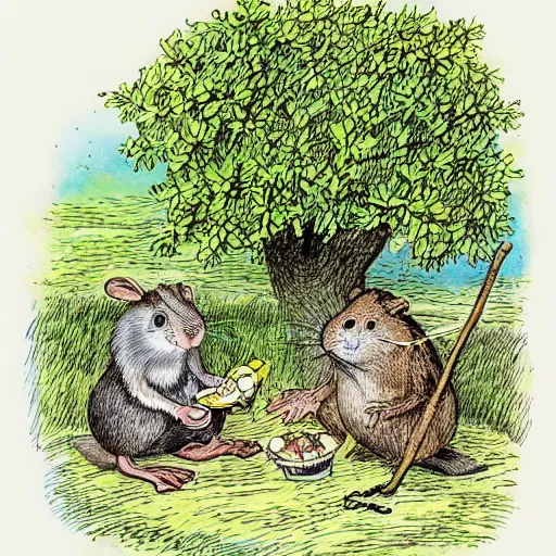 Image similar to “mole and water rat having a picnic under a tree on the river bank, coloured storybook illustration from wind in the willows, by sir John tenniel”