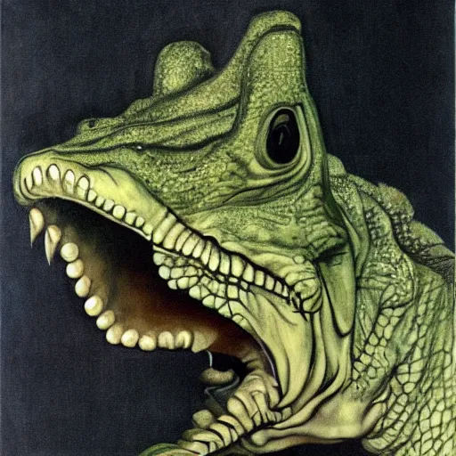 Prompt: crocodile, by francis bacon, by lucian Freud