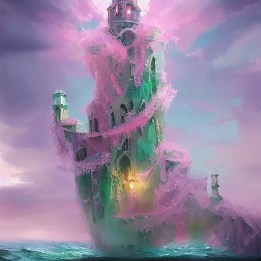 Image similar to a delicate ornate white fantasy tower with pink and green decoration splashes upwards from a turbulent ocean, dramatic lighting, rich colors, beautiful oil painting, artstation