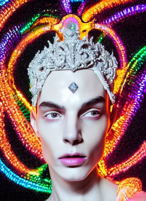 Image similar to photo of baroque and bladerunner delicate neon diamond sculpture of ceramic albino king adrien sahores seductive delicious lip licking, creamy orange iridescent humanoid deity wearing white fluffy hoody holding diamond skull in a black metallic dungeon, reclining, glowing rainbow face, crown of white diamonds, cinematic lighting, photorealistic, octane render 8 k depth of field 3 d