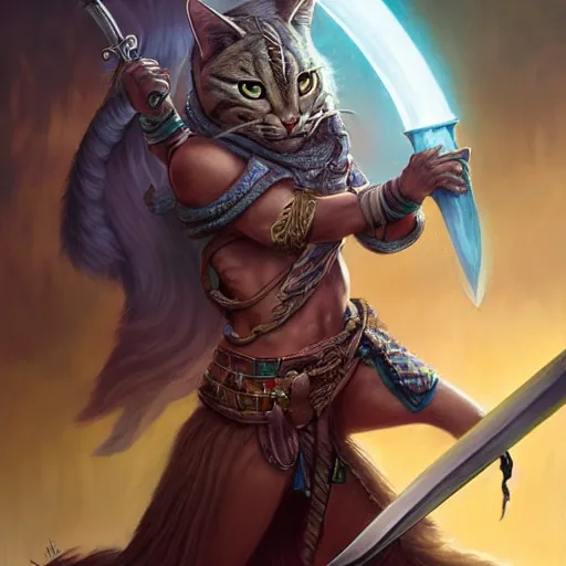 Image similar to tabaxi warrior wielding a sword, highly detailed matte fantasy painting, stormy lighting, by ross tran, by artgerm, by lisa frank, by brom, by peter mohrbacher