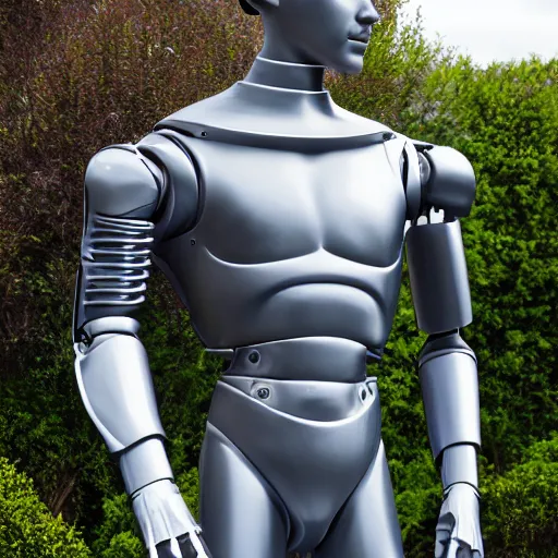 Image similar to a realistic detailed photo of a guy who is an attractive humanoid who is half robot and half humanoid, who is a male android, french actor cyril gossbo, shiny skin, posing like a statue, blank stare, by the pool, on display, showing off his muscles, humanoid robot, frozen ice statue