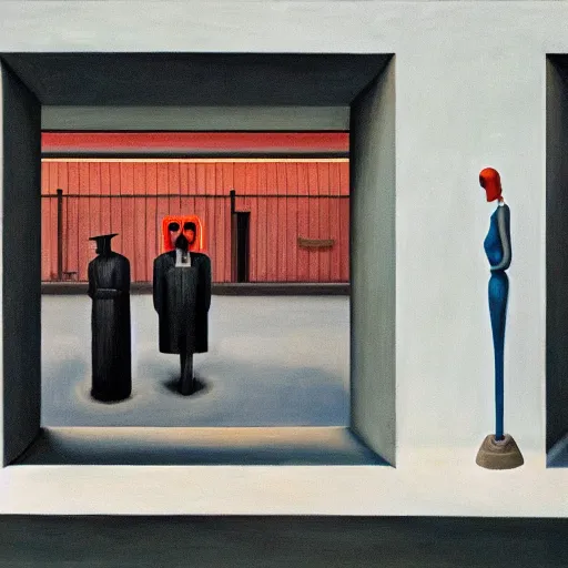 Prompt: robot bishop guards, human prisoners, brutalist supermax prison facility, end times, grant wood, pj crook, edward hopper, oil on canvas