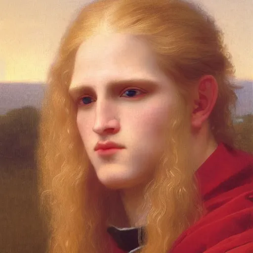 Image similar to PORTRAIT Painting of an albino germanic young androgynous Apollo. LONG CURLY light blond hair. Sharp angular clean shaven face high cheekbones hooked nose. Art by william adolphe bouguereau. During golden hour. Extremely detailed. Beautiful. 4K. Award winning.