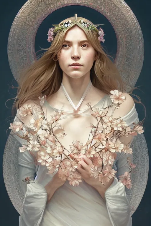 Image similar to symmetry!! full body portrait!!!! of a beautiful!!!! delicate elegant nordic shield maiden, pretty face!!!!, flower petals, intricate, elegant, highly detailed, digital painting, artstation, concept art, smooth, sharp focus, illustration, art by artgerm and greg rutkowski and alphonse mucha, 8 k