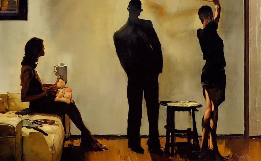 Prompt: a thin man cowers in a corner whilst his wife stands on a coffee table in a dark living room, painted by phil hale and rick berry and norman rockwell and jeremy mann, highly detailed