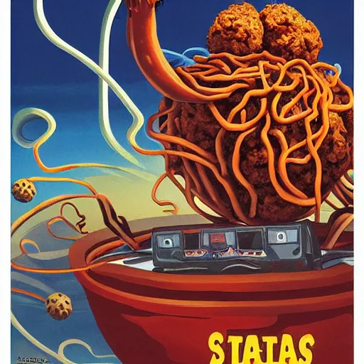 Image similar to attack of the flying spaghetti and meatballs monster, movie art poster, by gerard brom and ansel adams