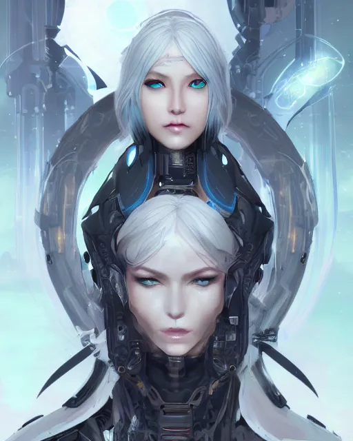 Image similar to holy cyborg necromancer girl, elegant, perfect face, scifi, futuristic, utopia, garden, illustration, atmosphere, warframe, blue eyes, white hair, focused, artstation, nier automata, highly detailed, art by yuhong ding and chengwei pan and serafleur and ina wong