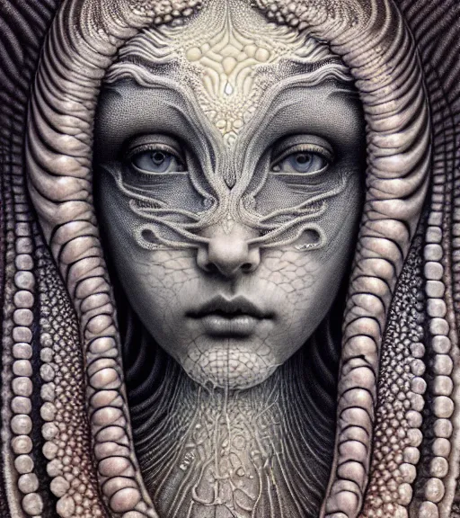 Image similar to detailed realistic beautiful ice goddess face portrait by jean delville, gustave dore, iris van herpen and marco mazzoni, art forms of nature by ernst haeckel, art nouveau, symbolist, visionary, gothic, neo - gothic, pre - raphaelite, fractal lace, intricate alien botanicals, ai biodiversity, surreality, hyperdetailed ultrasharp octane render