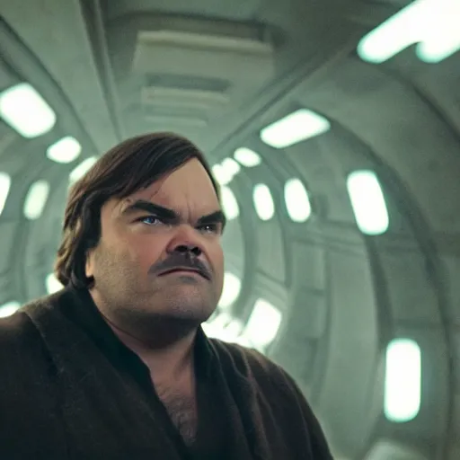 Prompt: a cinematic film still of Jack Black in Star Wars, portrait, 40mm lens, shallow depth of field, close up, split lighting, cinematic