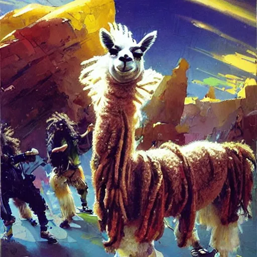 Prompt: llama with dreadlocks, epic scene, by John Berkey