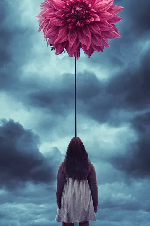 Image similar to closeup giant dahlia flower as head, girl standing on mountain, surreal photography, blue storm clouds, dramatic light, impressionist painting, digital painting, artstation, simon stalenhag