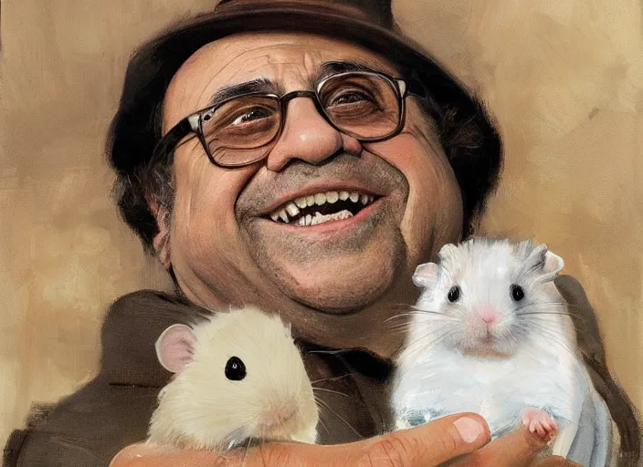 Image similar to a highly detailed beautiful portrait of danny devito with a hamster, by gregory manchess, james gurney, james jean