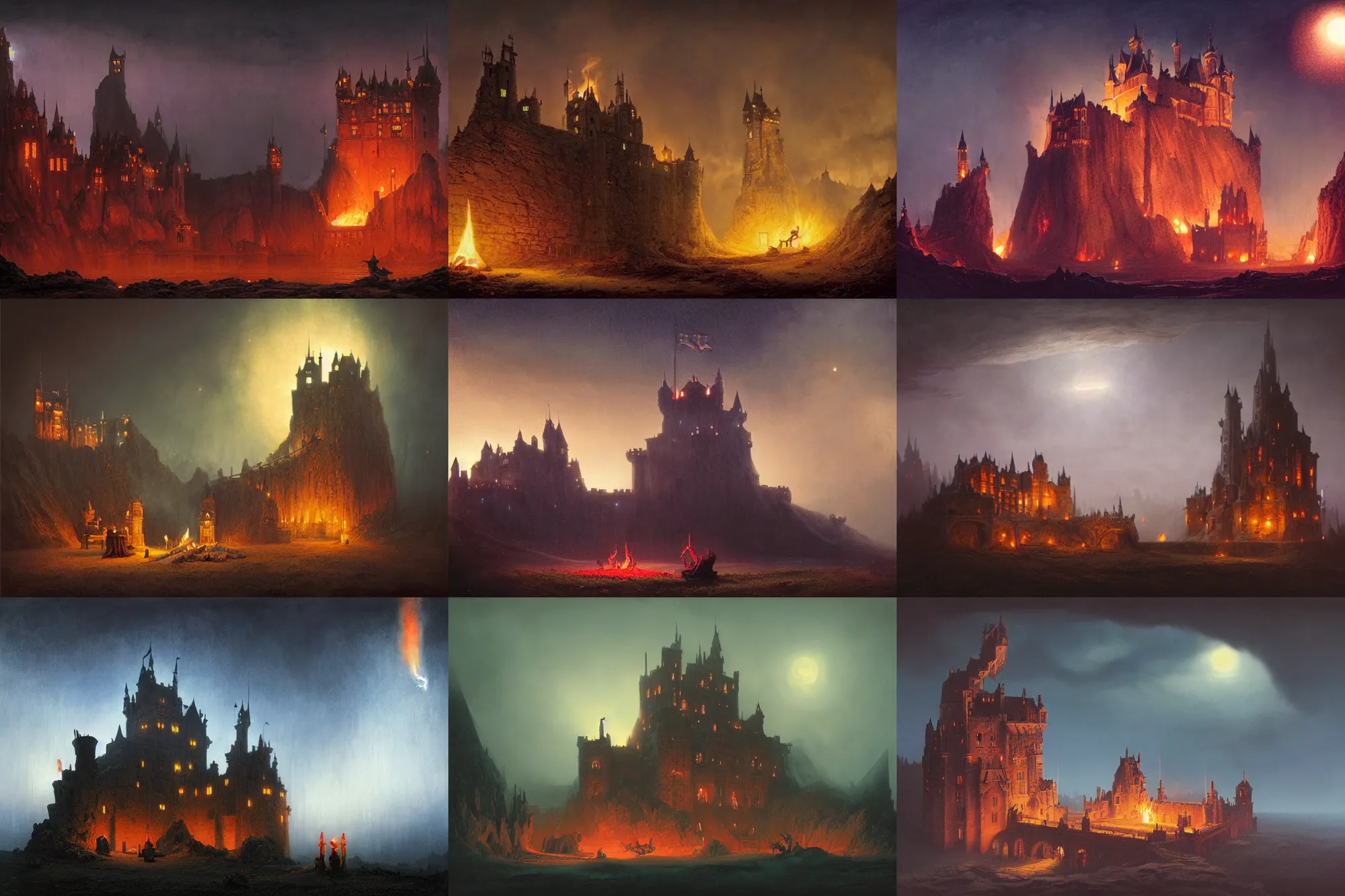 Image similar to a castle at night being lit up by the fire of a dragon, Les Edwards, Zdzislaw Beksinski, Carl Gustav Carus, John Harris, Michal Karcz, Zhang Kechun, Mikko Lagerstedt, Scott Listfield, Steven Outram, Jessica Rossier