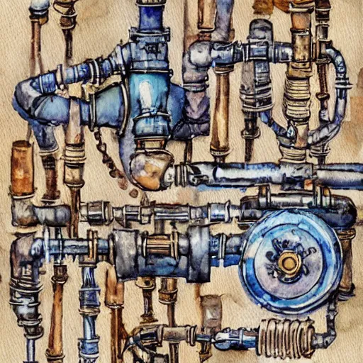 Image similar to steampunk scene of pipes valves watercolor