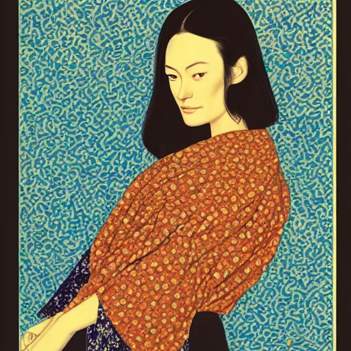 Image similar to “ olivia wilde portrait by ikenaga yasunari and ayana otake and ko rakusui, 6 0 s poster, drawing, realistic, sharp focus, japanese, dreamy, nostalgia, faded, golden hues, floral clothes ”