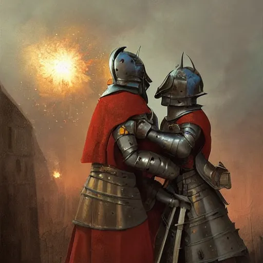 Prompt: digital painting of two medieval knights hugging each other in dispair while the universe is exploding, in a medieval village, stunning, surreal, cinematic lighting, concept art by greg rutkowski and simon stalenhag