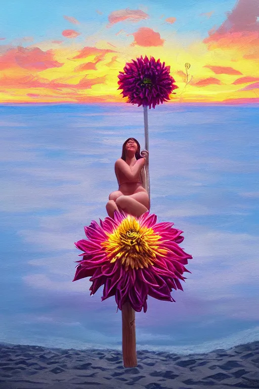 Image similar to closeup giant dahlia flower head, girl laying on beach, surreal photography, blue sky, sunrise, dramatic light, impressionist painting, digital painting, artstation, simon stalenhag