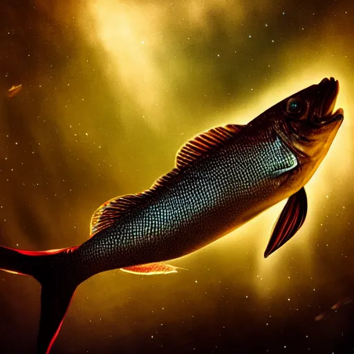 Prompt: cinematic shot fish in space, high contrast, hyper realistic, mood lighting, fantasy, detailed face, highly detailed, super realistic, perfect lighting