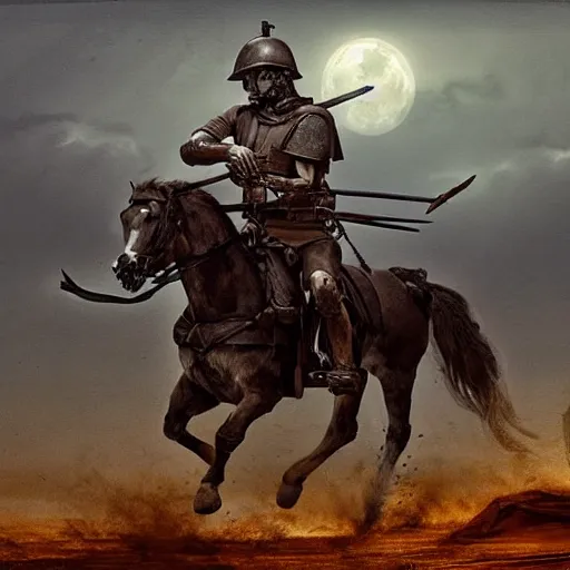 Image similar to a haunting Digital art of a tired spartan soldier riding a skeleton horse on the battlefield in the style of an oil painting, acrylic, bleak, moonlight, detailed, dark, ominous, threatening, haunting, forbidding, gloomy,stormy, doom, apocalyptic,sinister, shadowy, ghostly,unnerving, harrowing, dreadful ,frightful, shocking, terror, hideous, ghastly, terrifying