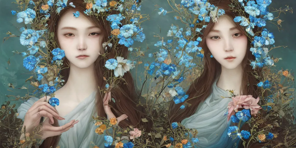 Image similar to breathtaking detailed concept art painting of the goddess of nemophila flowers, orthodox saint, with anxious, piercing eyes, ornate background, amalgamation of leaves and flowers, by Hsiao-Ron Cheng, James jean, Miho Hirano, Hayao Miyazaki, extremely moody lighting, 8K