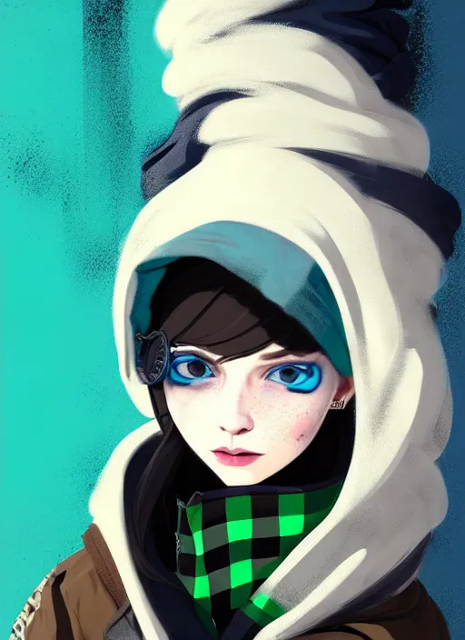 Prompt: highly detailed portrait of a sewer punk lady student, blue eyes, burberry hoody, hat, white hair by atey ghailan, by greg tocchini, gradient green, black, brown, cream and blue color scheme, grunge aesthetic!!! ( ( graffiti tag wall, plain white background ) )