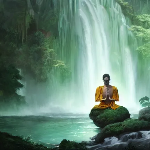 Image similar to a sage meditates under a waterfall pieces with glowing yelow eyes, as a realistic, torso, art by james jean and greg rutkowski!!, real body proportions, digital art,, golden ratio, perfect composition, trending on artstation, 8 k