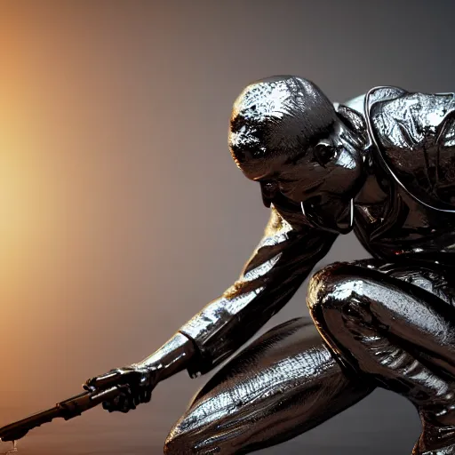 Prompt: 3 d render melted military soldier running sculpture, chrometype, liquid metal, neotribal, raytraced, volumetric lightning, 8 k by wlop, innate studio h - 1 0 0 0 w - 1 0 0 0