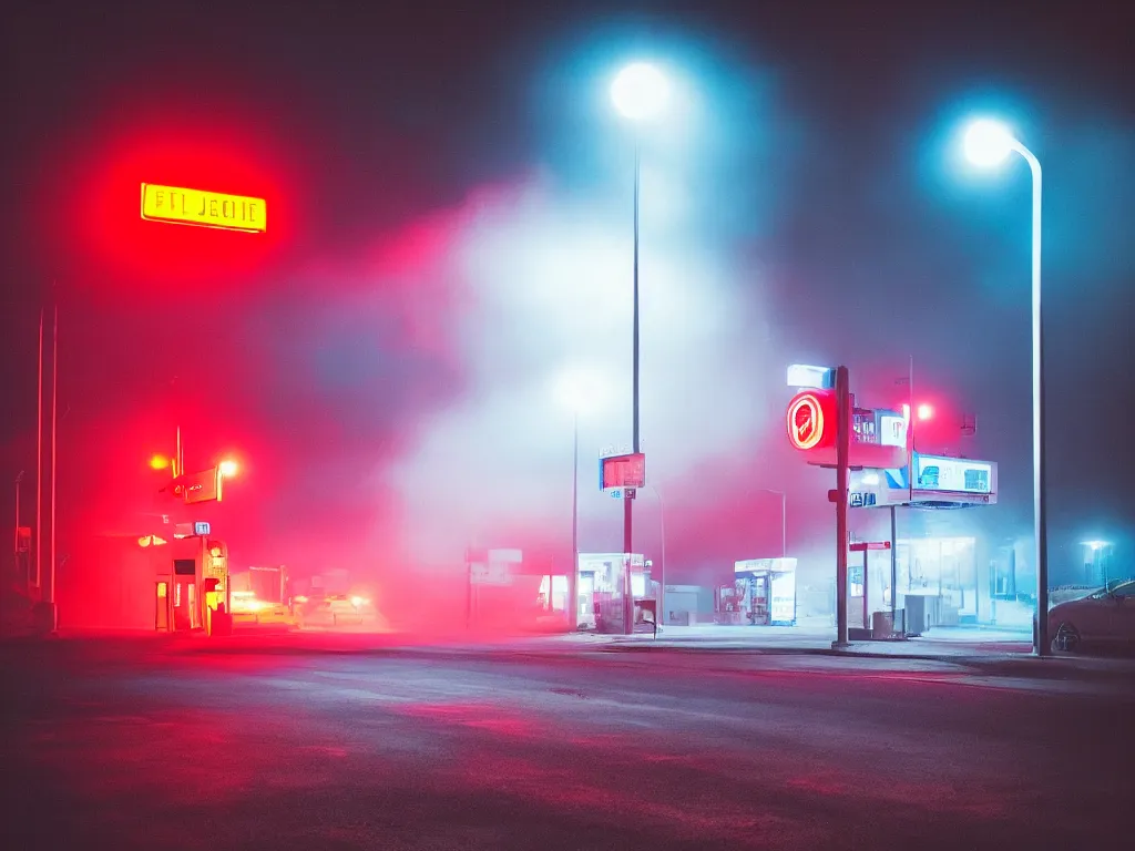 Image similar to “photography of gas station , fog, blue and red lights, night, mood, atmospheric, full of colour, digital photography”