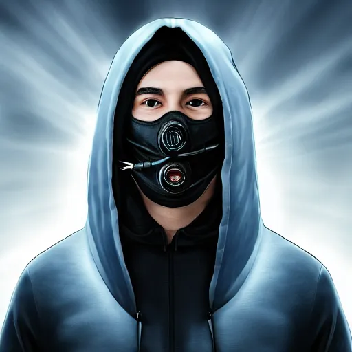 Prompt: a highly detailed, portrait of a man with black hair with a black medical mask, in a hood in the form of a blue shark with white teeth, photorealistic, 4k, beautiful lightning