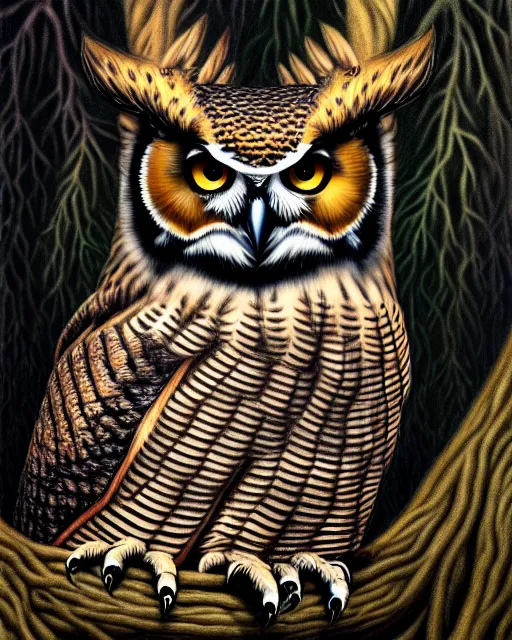 Image similar to an extremely detailed masterpiece surreal painting of a great horned owl in a tree, in the style of brian froud, brian despain, brian bolland, digital art, unreal engine, volumetric lighting, dark moody lighting, trending on artstation, photorealistic, epic scene