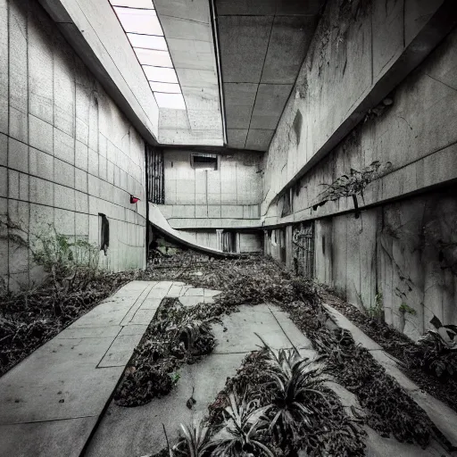 Prompt: scifi brutalist industrial complex, overgrown, photograpgy
