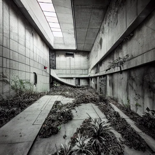 Image similar to scifi brutalist industrial complex, overgrown, photograpgy