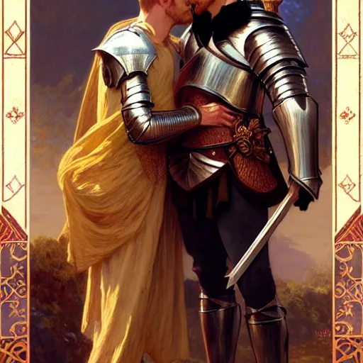 Image similar to attractive arthur pendragon and his favourite attractive male knight, they are in love, camelot, natural lighting, path traced, highly detailed, high quality, digital painting, by gaston bussiere and ross tran and j. c. leyendecker and alphonse mucha