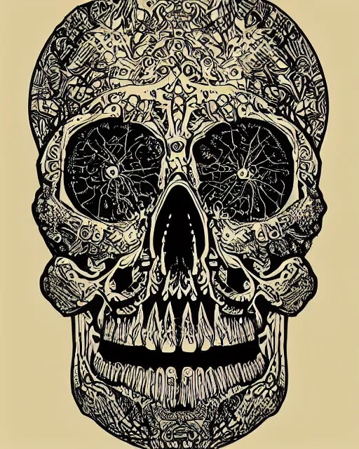 Prompt: an intricate exploding skull, screen print, art by Gustavo Bernal, Garavato