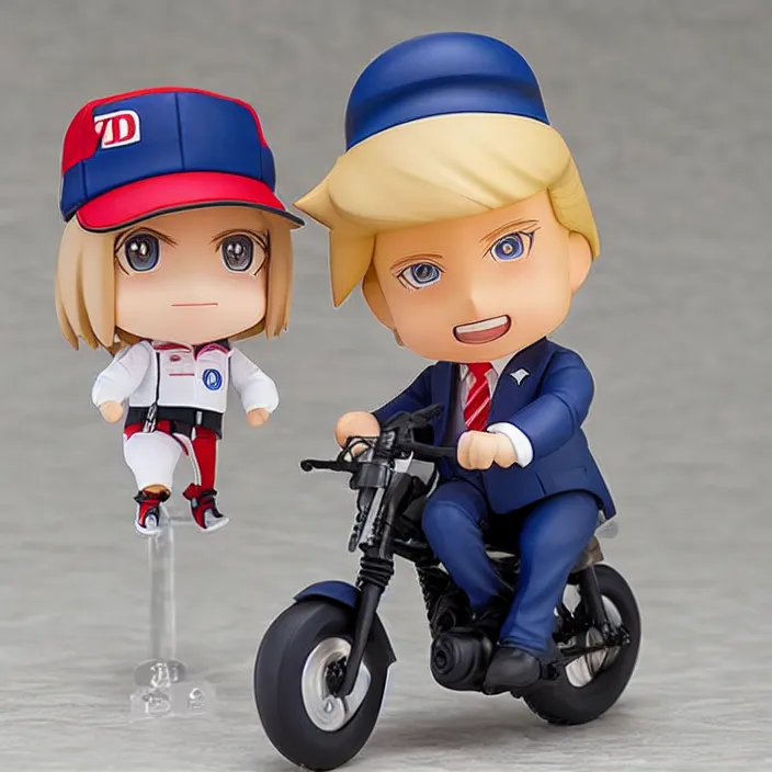 Image similar to donald trump, an anime nendoroid of donald trump riding a bike, figurine, detailed product photo