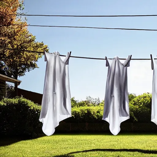 Image similar to hyper realistic photo, happy Donald Trump hanging white linen sheets on a clothesline in a backyard, sunny day