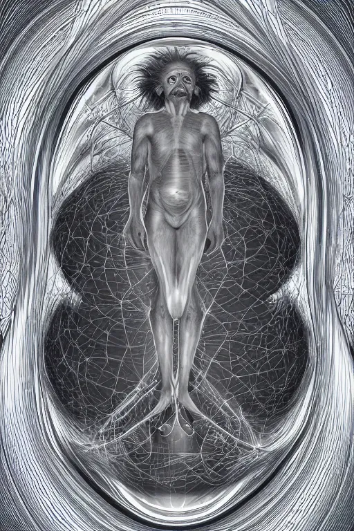 Prompt: Albert Einstein Centered, uncut, unzoom, symmetry. charachter illustration. Dmt entity manifestation. Surreal render, ultra realistic, zenith view. Made by hakan hisim feat cameron gray and alex grey. Polished. Inspired by patricio clarey, heidi taillefer scifi painter glenn brown. Slightly Decorated with Sacred geometry and fractals. Extremely ornated. artstation, cgsociety, unreal engine, ray tracing, detailed illustration, hd, 4k, digital art, overdetailed art. Intricate omnious visionary concept art, shamanic arts ayahuasca trip illustration. Extremely psychedelic. Dslr, tiltshift, dof. 64megapixel. complementing colors. Remixed by lyzergium.art feat binx.ly and machine.delusions. zerg aesthetics. Trending on artstation, deviantart