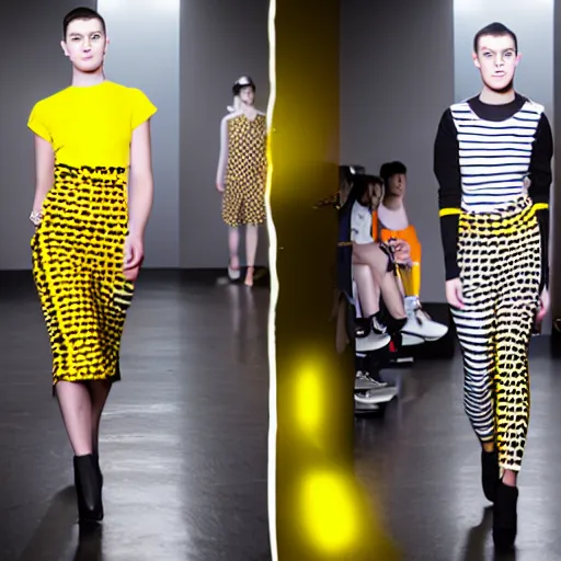 Image similar to brutalist fashion incorporating black and yellow, fashion show, studio lighting