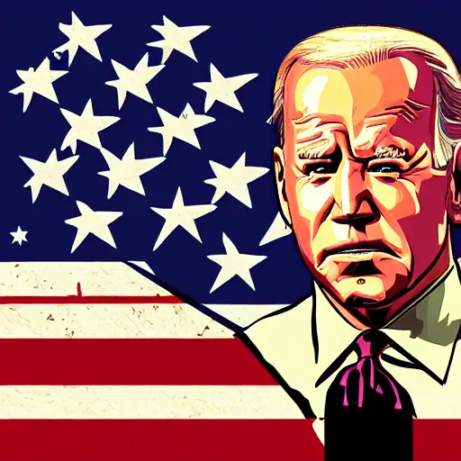 Image similar to illustration gta 5 artwork of joe biden holding a gun, in the style of gta cover art, by stephen bliss