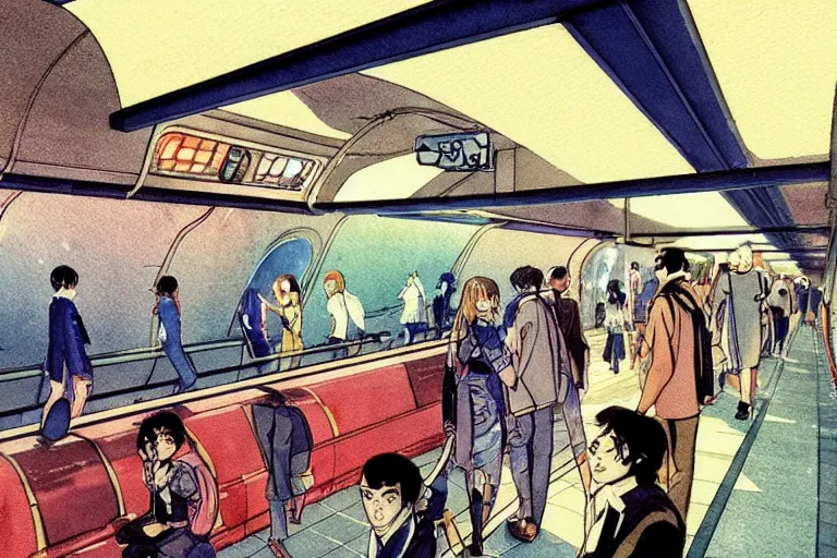 Prompt: a 70s watercolor anime of a retro 70s sci-fi underground train station by Syd Mead and Gail Brodholt