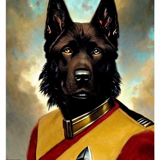 Image similar to a portrait of a black german shepard dogman canine star trek officer. highly detailed painting by gaston bussiere, craig mullins, j. c. leyendecker, furry