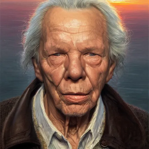 Image similar to portrait of elderly mickey rourke, sunset, gorgeous view, depth, painted by seb mckinnon, high detail, digital art, painted by greg rutkowski, trending on artstation