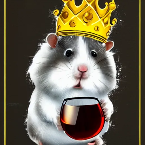 Image similar to a graffiti of a hamster wearing a golden crown and holding a glas of wine, by swiftmantis