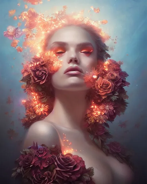 Image similar to rose gold caved mahogany beauty portrait, fauna flora explosion of beautiful petals, radiant light, artgerm, peter mohrbacher, fantasy art