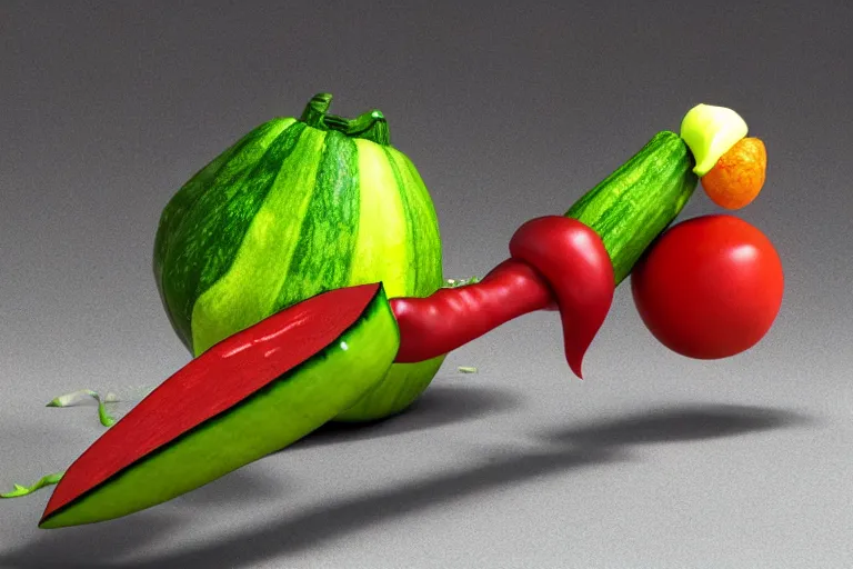 Image similar to detailed 3 d render of a mad zucchini with a long sword chasing after a panicking tomato, hyper realistic octane render, dramatic lighting, high speed chase, wide angle, nightmare, adult pixar surrealism