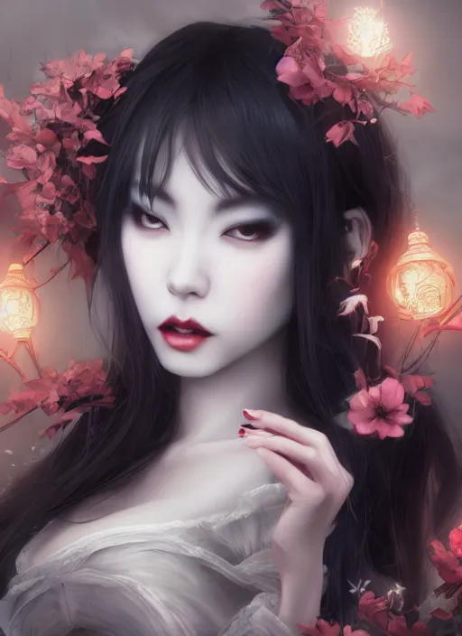 Image similar to etheral beautifull maiko vampire, fluent composition, concept art, ambient light, 4 k, intricate details, highly professionally detailed, cgsociety, highly detailed -