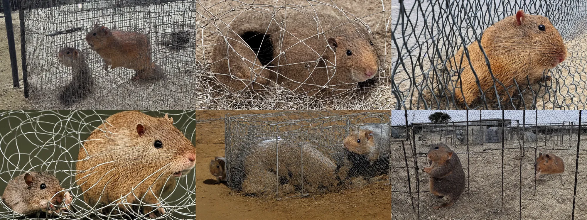 Prompt: a giant, massive gerbil!!! kept captive in a military base behind an electrified fence, hangars, spotlights, barbed wire, watchttowers