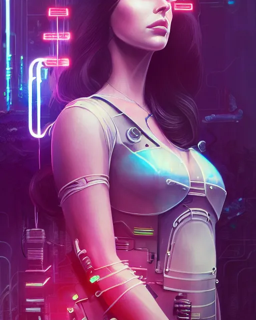 Image similar to portrait of lana del rey as a cyberpunk cyborg. roses, sci - fi, missing panels, intricate abstract, upper body, intricate artwork, by tooth wu, wlop, beeple, dan mumford. concept art, 8 k octane render, deviantart, greg rutkowski, cinematic, key art, hyperrealism, iridescent accents