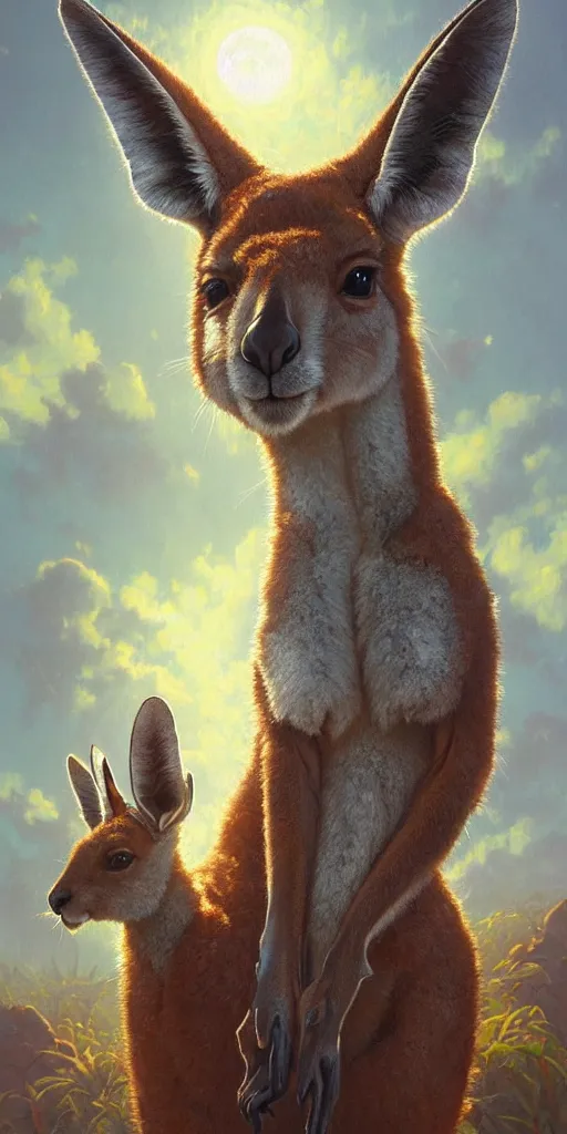 Image similar to Highly detailed portrait of a Kangaroo wearing a Crown, Stephen Bliss, unreal engine, fantasy art by Greg Rutkowski, Loish, Rhads, ferdinand knab, Makoto Shinkai and Lois van baarle, ilya kuvshinov, rossdraws, Tom Bagshaw, alphonse mucha, global illumination, radiant light, detailed and intricate environment